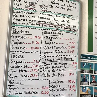 a menu on the wall