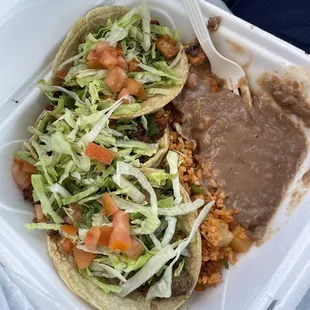 3 Taco Dinner with beans &amp; rice (with hot sauce)