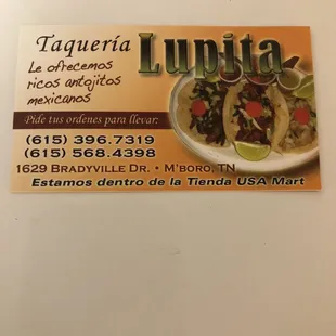 Business card with phone numbers