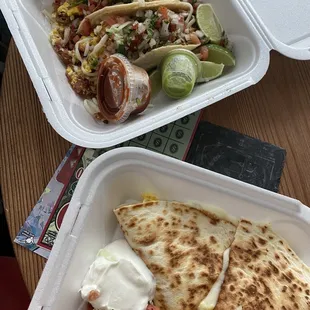 Breakfast tacos (bacon) and Georgia quesadilla (no meat).