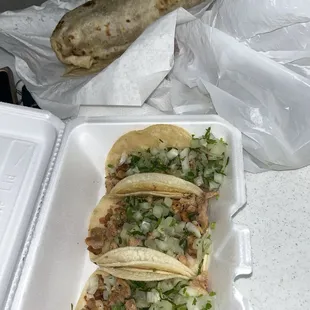Chicken street tacos &amp; super burrito (photo doesn&apos;t do the burrito justice, it was absolutely huge lol)
