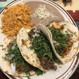 3 taco dinner, shrimp, beef, and shredded pork!!