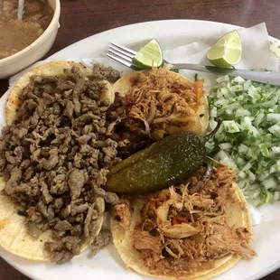 Mini Tacos mixed with bistec ( beef ) &amp; shredded chicken. Generous portion, not too mini. Delicious!!!