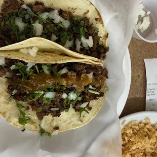 Tacos al pastor and rice