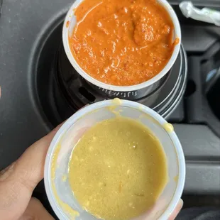 Top is their spicy sauce and bottom is their mild sauce