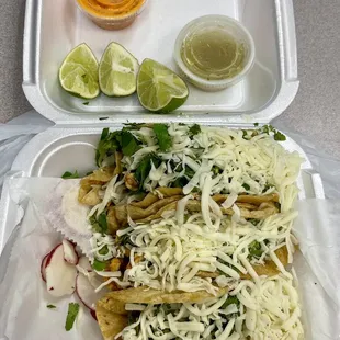 3 chicken tacos, no onion, add cheese. The limes are a nice added touch.