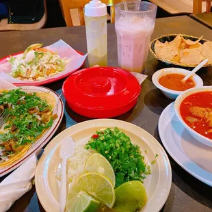 Horchata (Best I&apos;ve had), Chips &amp; Salsa, Sopes, Mini Lengua Tacos, Menudo, and Corn Tortillas in the red container.