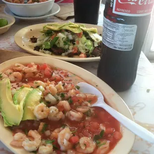 Mexican coke, shrimp tostada, and carne asada taco