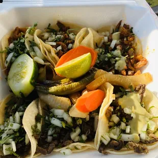 3 spicy pork 3 beef tacos