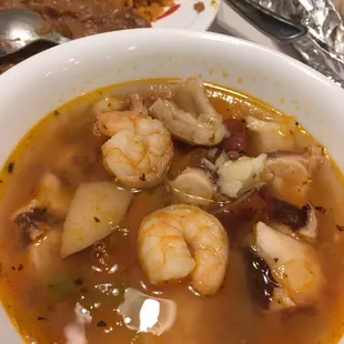 Seafood soup. Shrimp, fish, and octopus!  Delicious.