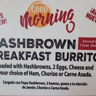 a sign for hashbrown breakfast burrito