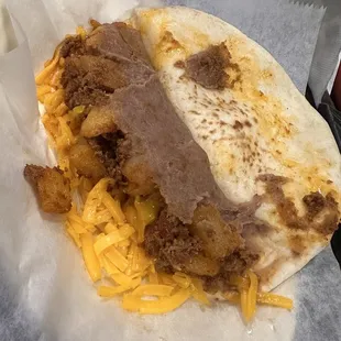 Papa, chorizo, bean, &amp; cheese taco