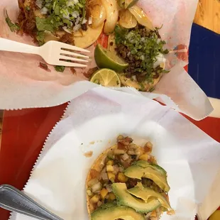 Carnitas taco. Carne asada taco. Fish Ceviche