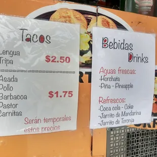 prices of tacoss and drinks