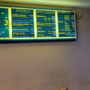 a menu on the wall