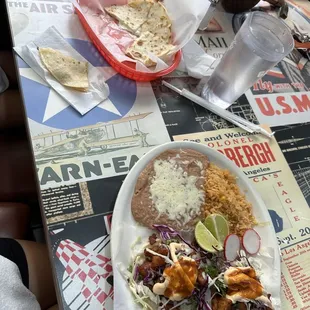 Fried fish taco plate  Corn quesadilla