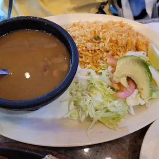 Bean soup, Spanish rice, icebergs and avocado. Bean soup was delicious.