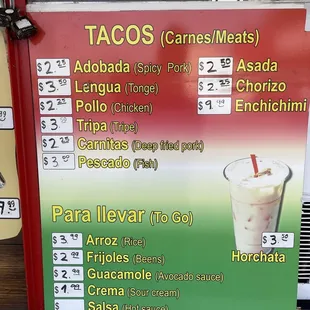 Tacos menu