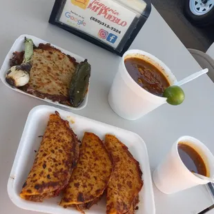 a plate of quesadillas and a cup of coffee