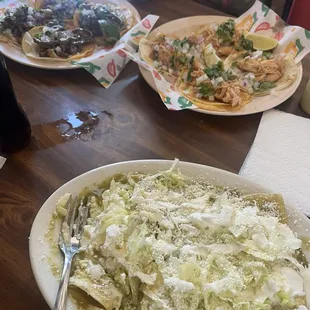 Cheese enchiladas (no cilantro), steak taco plate, &amp; chicken taco plate