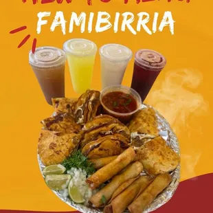 Family birria pack 4 quesabirrias 6 flauta birria , birria torta birria burrito, 16oz consomé 4 aguas frescas