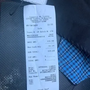 Receipt showing debit card charge