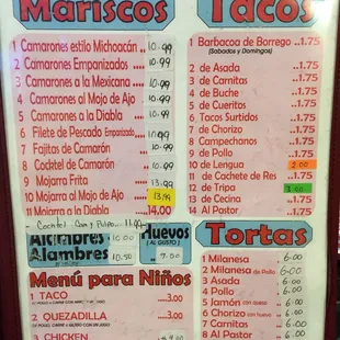 Menu Mariscos y Tacos y Tortas