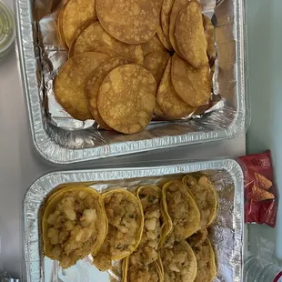 Freshly made tostadas, and potato tacos for our vegan coworker