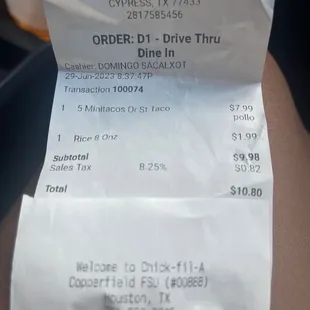 My receipt for what I paid for 5 street tacos and some rice with charro beans. All was delicious. Thanks guys.