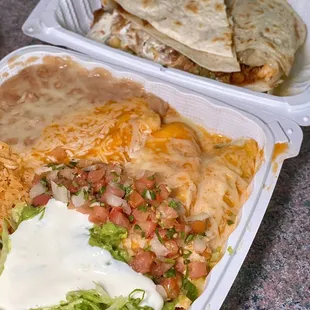 Enchillada &amp; Chille Relleno with refined beans, Super Quesadilla; chicken (09/2023)