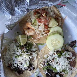 Carne Asada and shrimp tacos