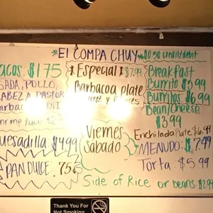 This is the menu as of 5/30/17 Good tacos in the QC!!