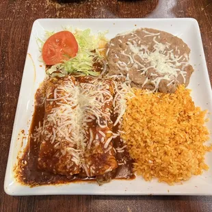 Two beef enchiladas with red sauce combination plate