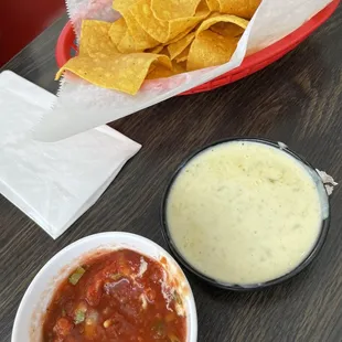 Chips, salsa, and cheese dip