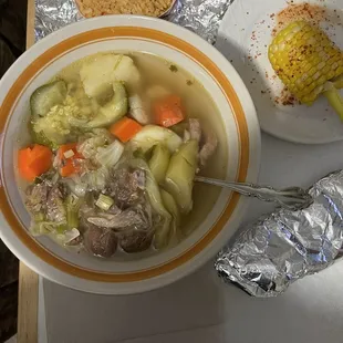 Caldo de Res (Beef with Vegetables soup), side of Mexican rice and three tortillas (in foil packet)