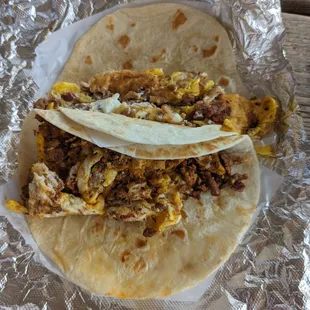 Chorizo and egg on flour, and bacon and egg
