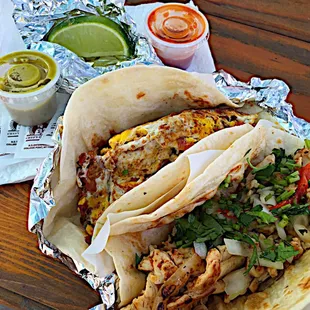 The Taqueria Morales Errol M pack @ $3.75-bacon/egg &amp; chicken fajita. The green sauce was an unexpected surprise.