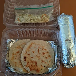 Cheese Pupusa&apos;s, Kid&apos;s Bean and cheese burrito.