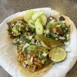 Pastor on the left, asada on the right, chicken on bottom