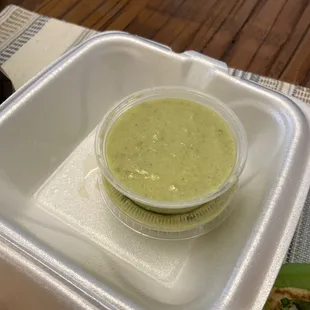 Amazing green salsa. Def has a kick but not overly spicey.