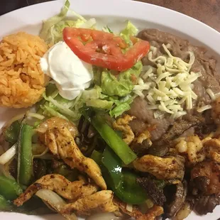 Shrimp, steak and chicken fajitas 8.95.