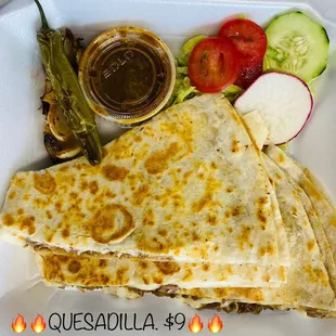 quesadilla in a styrofoam container
