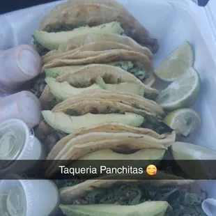 Tacos w avocado, cilantro and onion