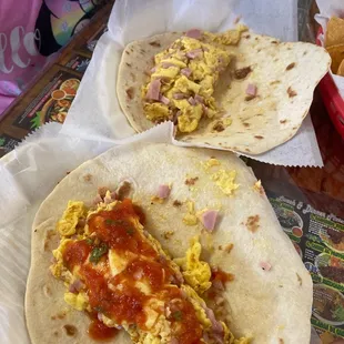 Ham and egg tacos (one with salsa provided with chips)