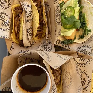 Al Pastor Taco (top left), fish taco (too right), birria (bottom)