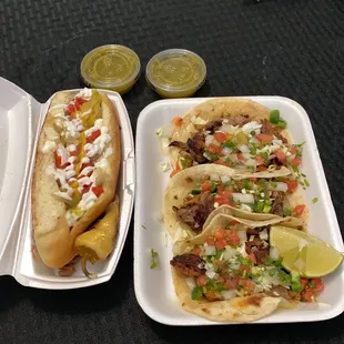 Sonoran dog and Carnitas Tacos