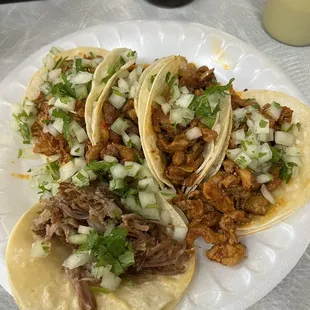 5 taco combo-carnitas, pastor and pollo