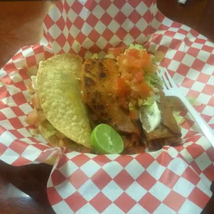 Combination plate, chimichanga, taco al vapor, taco dorado.
