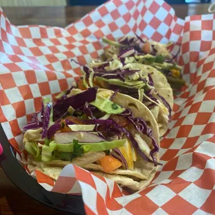 1 vegetable street taco and 2 grilled fish tacos. Delicious !!