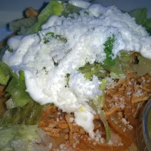 Tostada Tinga - VERY well spiced pulled chicken.